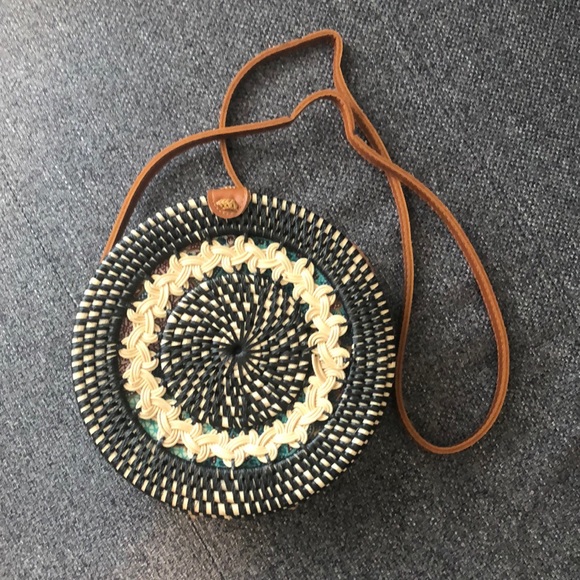 Rattan straw bag purse black cream faux leather - Picture 1 of 7